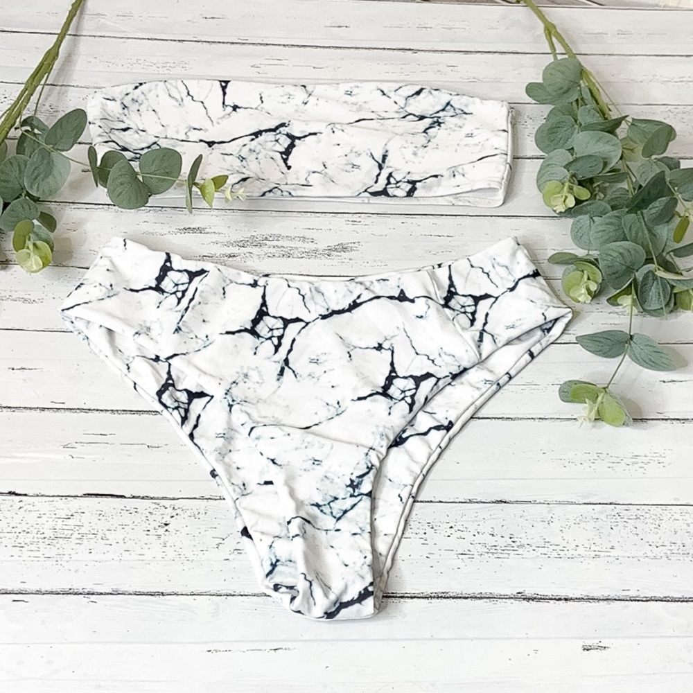 ZAFUL | Marble Print High Waisted Bandeau Bikini - Picture 3 of 7